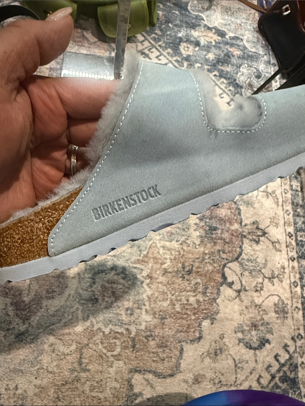 Birkenstock Silver-Gray Faux Fur Double Buckle Slides New - Picture 8 of 9